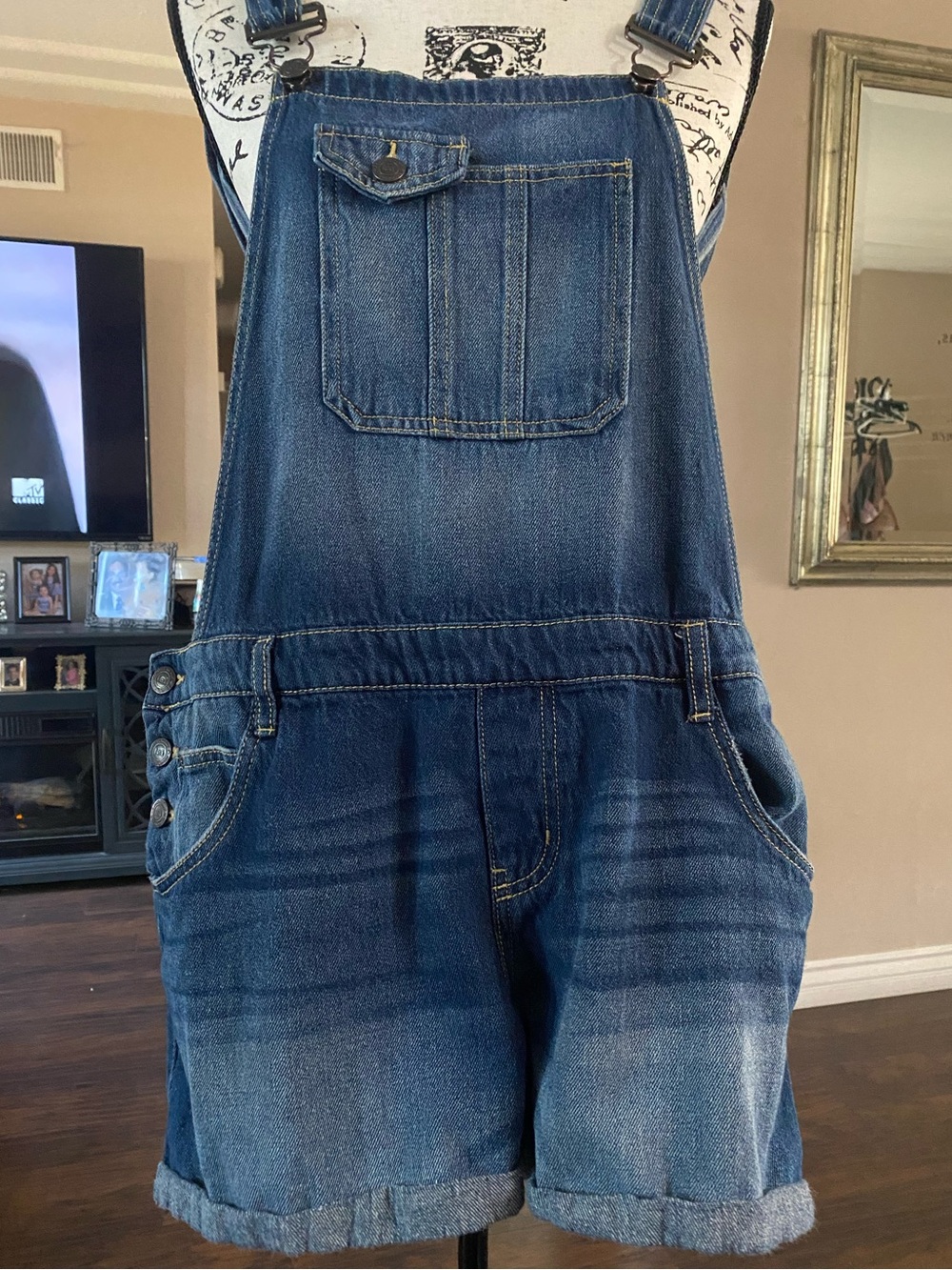 lei women’s Relaxed Denim Short Overalls — Indigo Blue